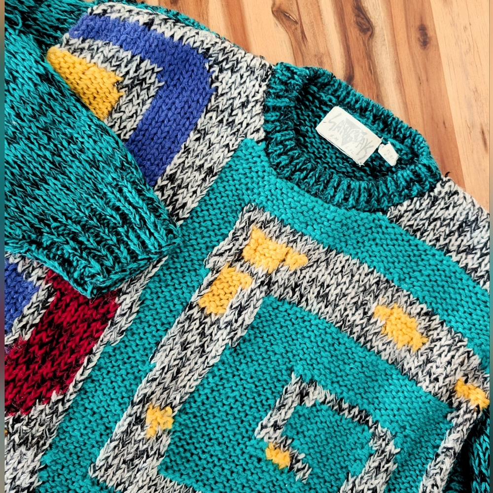 Vintage Teal and Gray Geometric Sweater